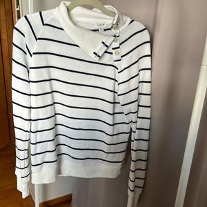 J. Crew Button Mock Neck Striped Top, White with Navy Stripes, M